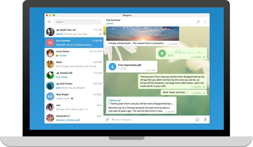 तीन-कॉलम लेआउट के साथ Telegram Desktop — साइडबार, चैट-विंडो व संपर्क-पैनल एक ही स्क्रीन पर।